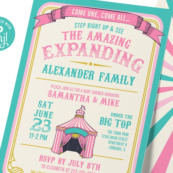 Amazing Expanding Family, Pastel Carnival, Circus Baby shower, Editable Invitation Template, digital download, #022