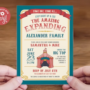 Bewerkbare vintage circus babyshower uitnodiging – familiethema uitbreiden, 5 x 7 Corjl-sjabloon, digitale download, #021