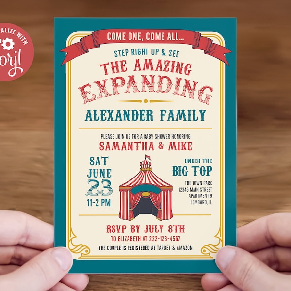 Amazing Expanding Family, Carnival, Circus Baby shower, Editable Invitation Template, digital download, #021