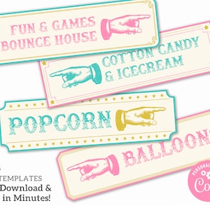 Customizable Pastel Circus Directional Signs - Carnival Party Decor, 16x4.5 Corjl Template, Digital Download, #022