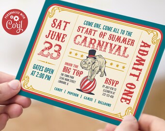 May include: A vintage-style carnival ticket invitation with a red, white and blue colour scheme. The ticket reads "Come one, come all to the Start of Summer Carnival" and "Sat June 23". It also includes details about the event, such as the location, time, and RSVP information.