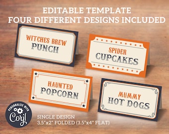 May include: Four printable Halloween food tent cards with orange and black borders. The cards feature the text "Witches Brew Punch", "Spider Cupcakes", "Haunted Popcorn", and "Mummy Hot Dogs".
