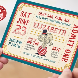 Editable Vintage Carnival Ticket Invitation - Circus Theme Baby Shower, 7x5 Corjl Template, Digital Download, #021