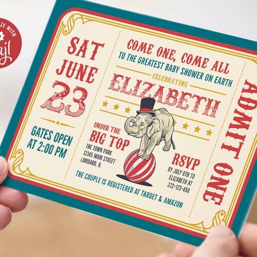 Vintage Circus Baby Shower Invitation: Carnival Ticket Corjl Template (Digital Download) #021