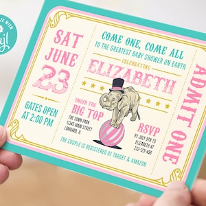 Bewerkbare pastel carnaval ticket uitnodiging - circus thema babyshower, 7 x 5 corjl sjabloon, digitale download, #022