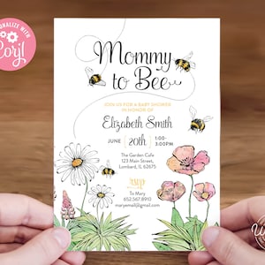 Bewerkbare Honey Bee babyshower uitnodiging - Mommy to Bee ontwerp, 5 x 7 Corjl uitnodigingssjabloon, digitale download, #015