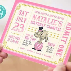 Faire-part billet de carnaval rose modifiable - anniversaire thème cirque, modèle Corjl 7 x 5, téléchargement numérique, #022