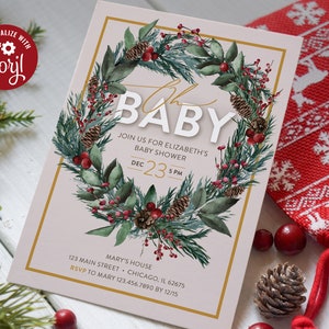 Christmas Baby Shower Invitation: Evergreen & Berry Corjl Template (Digital Download) #026