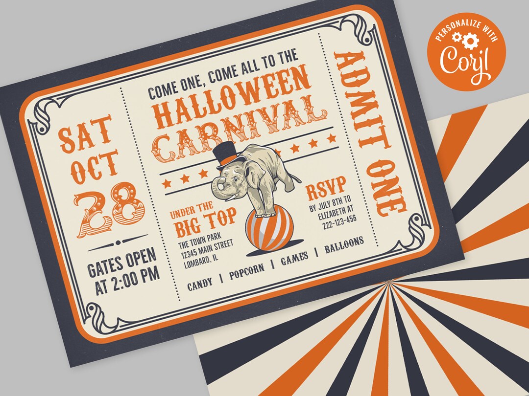 Editable Halloween Carnival Ticket Invitation Spooky Circus Theme, 7x5 ...