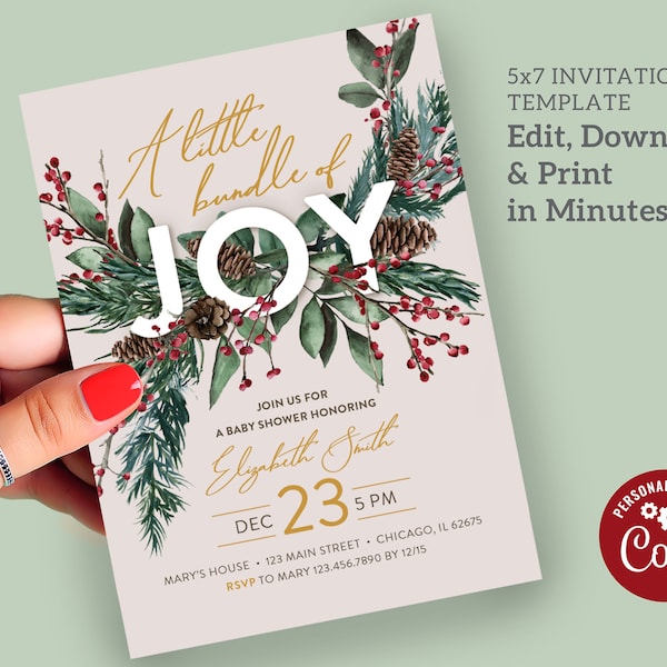 A little Bundle of Joy, Christmas, Baby Shower, Editable Invitation Template, Digital Download, #026