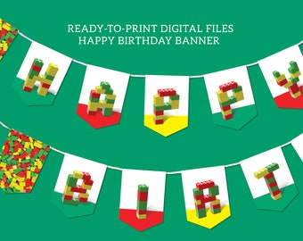 May include: A printable happy birthday banner with the word "HAPPY BIRTHDAY" spelled out in colorful plastic building blocks. Each letter is on a separate white flag with a green, red, and yellow background.