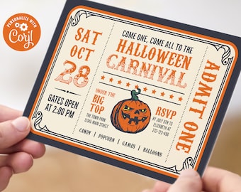 Editable Halloween Carnival Ticket Invitation – Spooky Circus Theme, 7x5 Corjl Template, Digital Download, #023