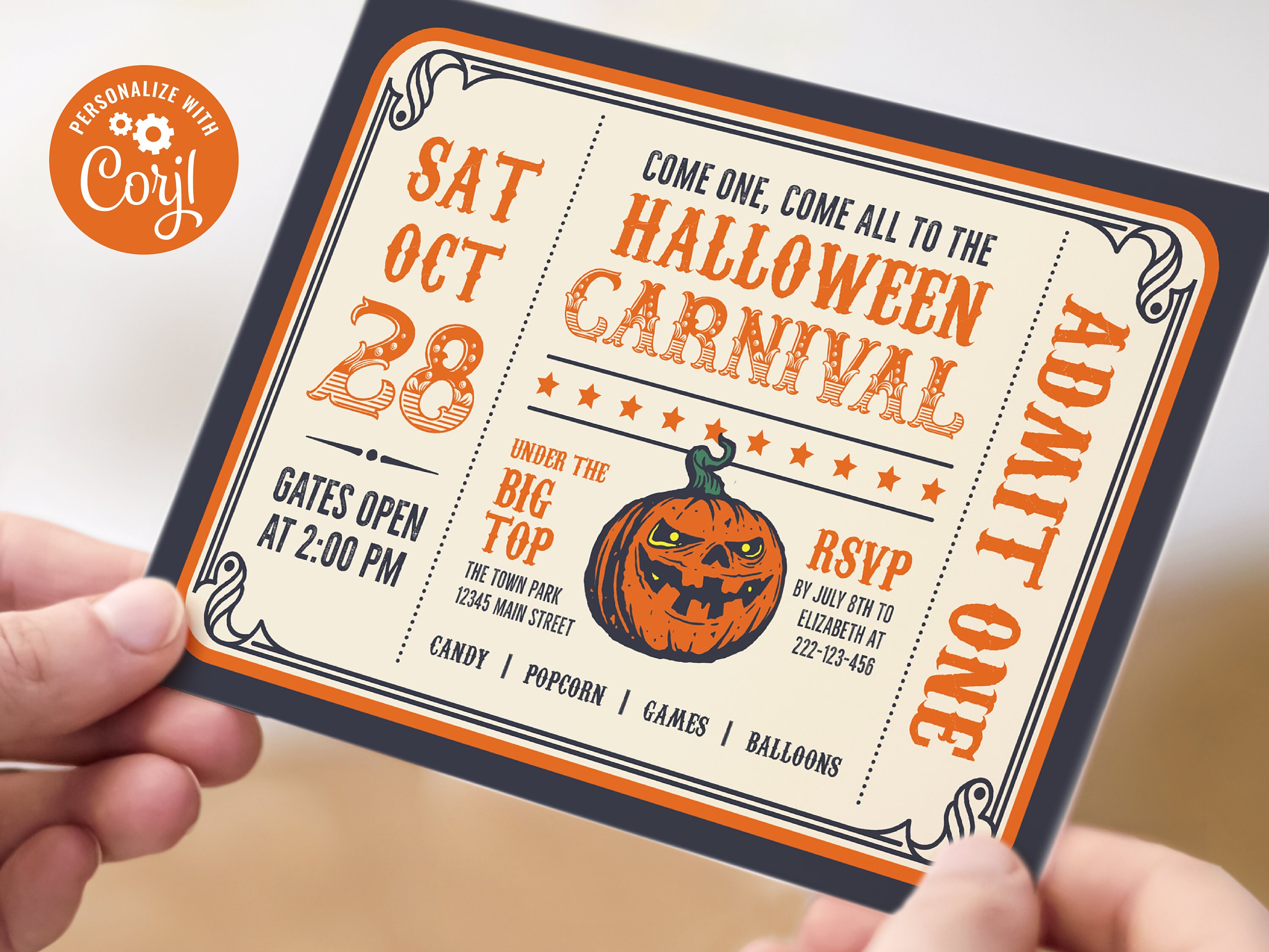 Editable Halloween Carnival Ticket Invitation – Spooky Circus Theme, 7x5  Corjl Template, Digital Download, #023 - Etsy, image size:3000x2250