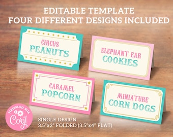 Customizable Pastel Circus Place Cards - Carnival Party Decor, 3.5x2 Corjl Template, Digital Download, #022
