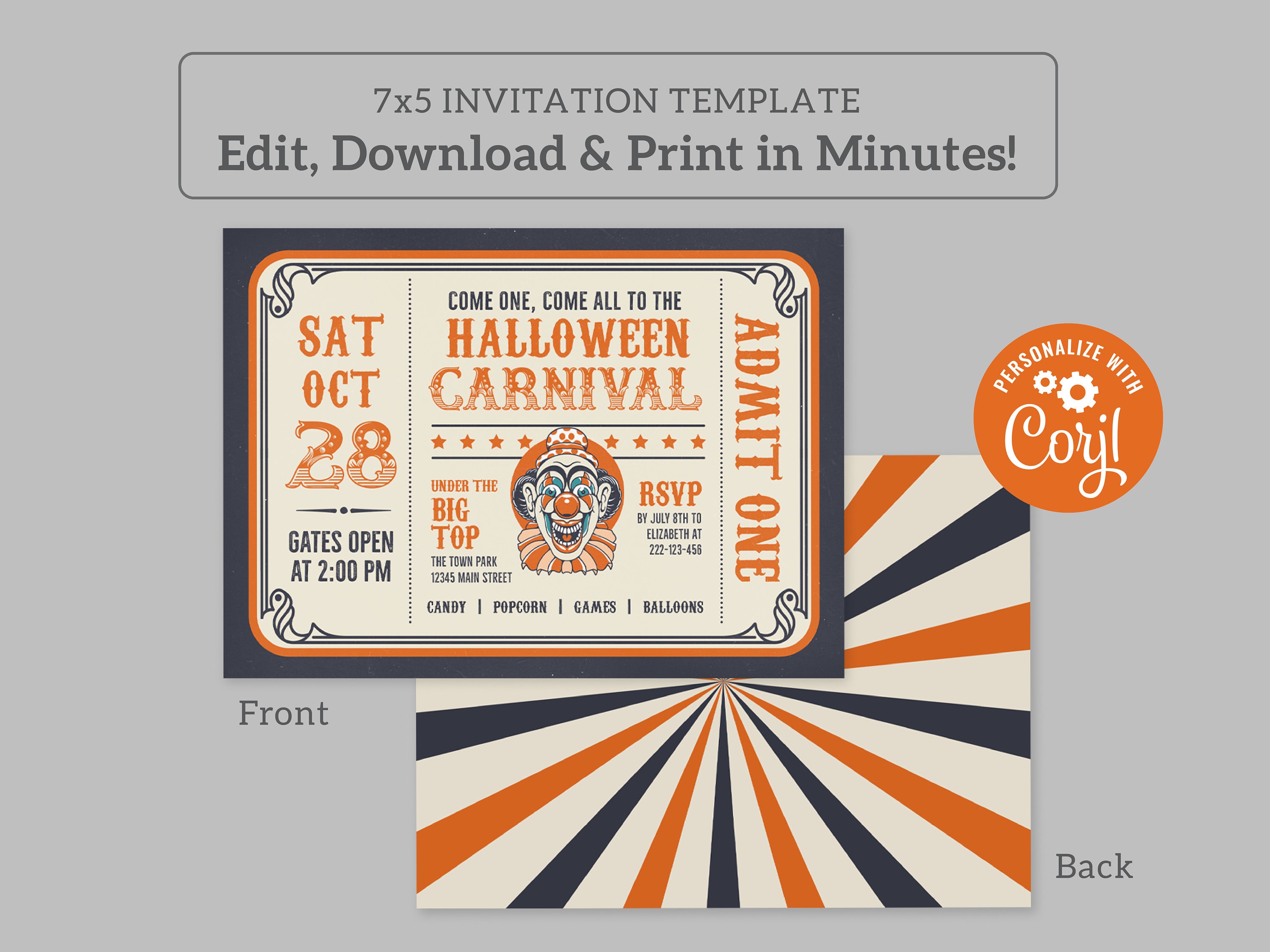 Editable Halloween Carnival Ticket Invitation Spooky Circus Theme, 7x5 ...