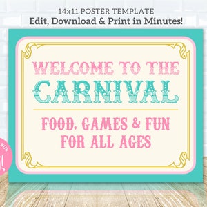 Signo de fiesta de circo pastel personalizable - Decoración de fiesta de carnaval, plantilla Corjl 14x11, descarga digital, #022