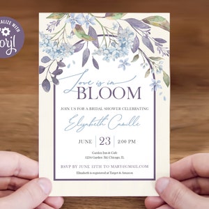 Editable In Bloom Bridal Shower Invitation - Elegant Blue Hydrangea Theme, 5x7 Corjl Template, Digital Download, #020