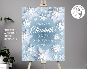 May include: A blue welcome sign with white snowflakes and the text "Welcome to Elizabeth's Baby Shower Jan 16th 2024".
