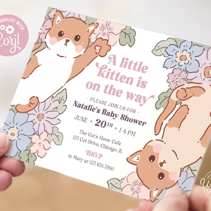 Invitation modifiable de baby shower de chaton - floral pastel mignon, modèle d'invitation de Corjl 7 x 5, téléchargement numérique, #029
