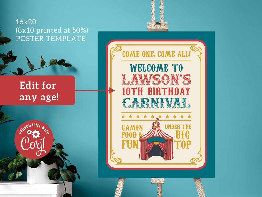 Editable Circus Birthday Party Sign – Vintage Carnival Theme, 16x20 ...