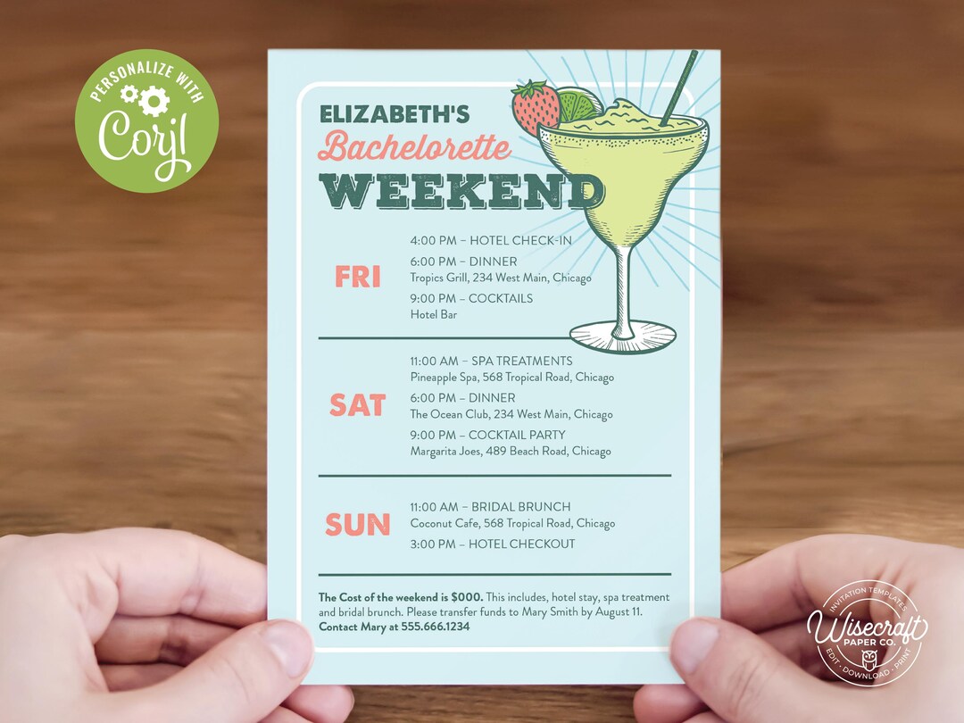 Fun Editable Bachelorette Party Itinerary - Margarita Theme 5x7 Corjl ...