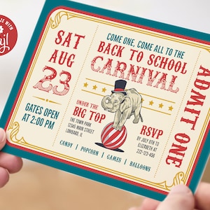 Bearbeitbare Vintage Karneval Ticket-Einladung - Back to School Zirkus-Thema, 7x5 Corjl-Vorlage, digitaler Download, #021