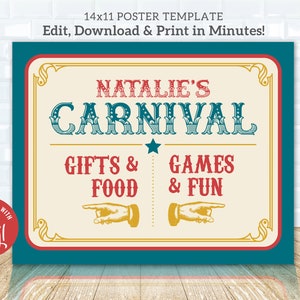 Customizable Vintage Circus Directional Poster - Carnival Party Decor, 14x11 Corjl Template, Digital Download, #021