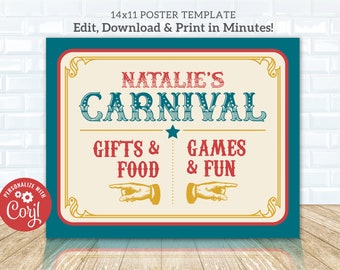 May include: A teal blue poster with a white and gold frame. The poster has red, white, and blue text that reads "Natalie's Carnival", "Gifts & Food", and "Games & Fun".