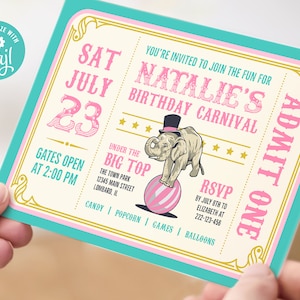 Bearbeitbare Pastell Karneval Ticket-Einladung - Zirkus Thema Geburtstag, 7x5 Corjl-Vorlage, digitaler Download, #022