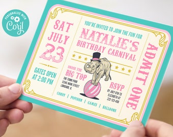 Editable Pastel Carnival Ticket Invitation - Circus Theme Birthday, 7x5 Corjl Template, Digital Download, #022