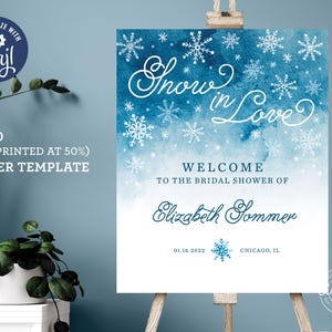 Cartello modificabile per addio al nubilato con fiocco di neve – Poster di benvenuto Snow in Love, modello Corjl 16x20, download digitale, n. 002