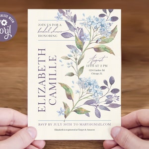 Editable In Bloom Bridal Shower Invitation - Elegant Blue Hydrangea Theme, 5x7 Corjl Template, Digital Download, #020