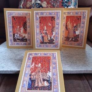 Cartes de voeux de tapisserie médiévale de La Dame et la licorne. Chaque carte représente l'un des « Cinq sens » Choisissez-en un seul ou les 5 Magnifiquement fait main