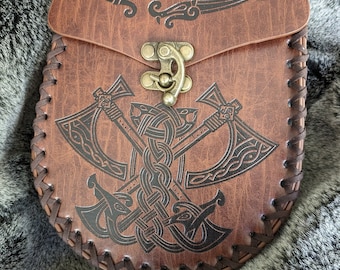 Viking Celtic Medieval Cosplay Re-enactors Hip Pouch/Purse Handstitched & Impressed with beautiful Celtic Artwork. With matching belt.