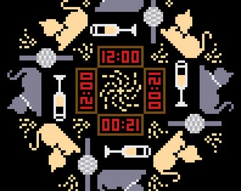 May include: A pixel art design featuring a clock with the times 12:00 and 00:21, surrounded by cats, champagne glasses, and party hats. The text "JANUARY" is at the bottom of the design.