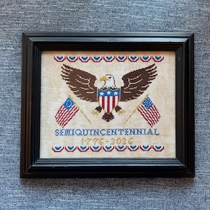 Puede incluir: Obra de arte en punto de cruz enmarcada que representa un águila marrón con las alas extendidas, un escudo rojo, blanco y azul y dos banderas americanas. El texto "SEMIQUINCENTENNIAL 1776-2026" está bordado debajo. La obra está en un marco de madera negro.