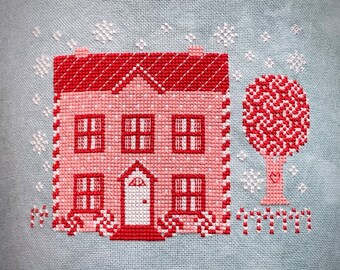 Pink Peppermint Gingerbread House Cross Stitch Pattern With Doghouse