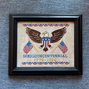 May include: Framed cross-stitch artwork featuring a brown eagle with outstretched wings, a red, white, and blue shield, and two American flags. The text "SEMIQUINCENTENNIAL 1776-2026" is stitched below the eagle. The artwork is framed in a black wooden frame.