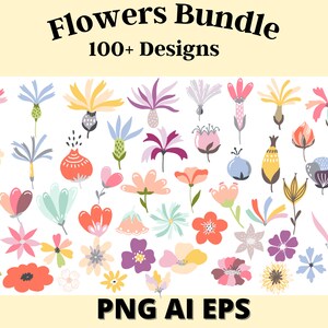 Flowers Cartoon Hand Drawn Lines Digital Design Illustration Mega Bundle Pack - PNG, AI,EPS