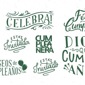 Spanish Happy Birthday Elements Text Set Digital Design Illustration Cartoon Italy Greetings Text Mega Pack. PDF. AI. JPEG