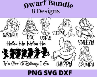 Snow White Dwarf Digital Design Cartoon Bundle Pack -SVG, PNG, DXF Print Ready. Apparel design printing