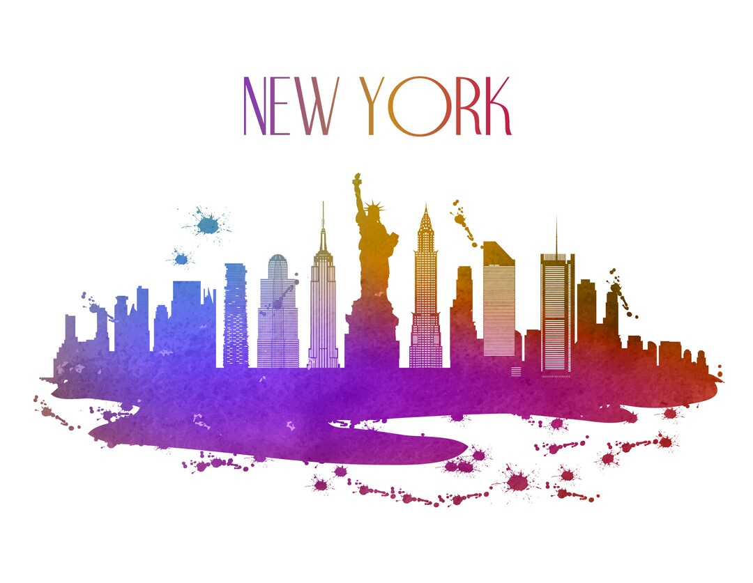 New York City Capital Logo Skyline Digital Design Vector Watercolor ...
