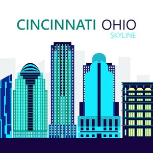 May include: A stylized illustration of the Cincinnati, Ohio skyline featuring several buildings in shades of blue and green. The text "Cincinnati Ohio Skyline" is at the top of the image.