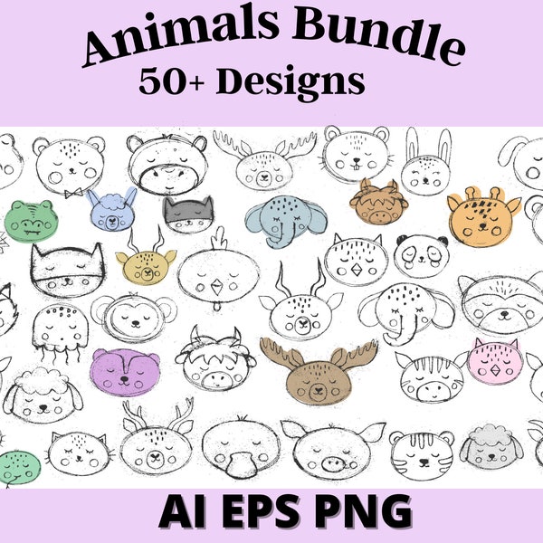Line Head Cartoon Animals Digital Design Hand Drawn Illustration Bundle Pack - PNG, AI, formats EPS