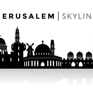 May include: Black and white silhouette of the Jerusalem skyline, featuring iconic landmarks such as the Dome of the Rock and the Western Wall. The skyline is reflected in a mirror-like surface below.