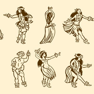May include: A set of nine line drawings of people in traditional Hawaiian clothing performing a hula dance. The drawings are in brown on a beige background.