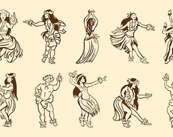 Hawaiian Silhouette Cartoon Dancers Digital Design Illustration Pack. Ai. PDF. JPEG. SVG - How to in description