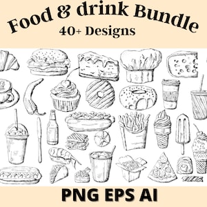 Food and Drink Digital Design Black and White Mega Illustration Cartoon Bundle- PNG,EPS,AI
