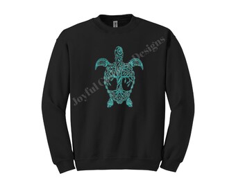 Sudadera de cuello redondo con diseño de tortuga marina bordada, vida marina