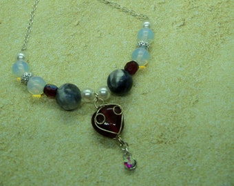 Patriotic Silver Plated  Moonstone Opal and Sodalite Necklace with Wire Wrapped Drop